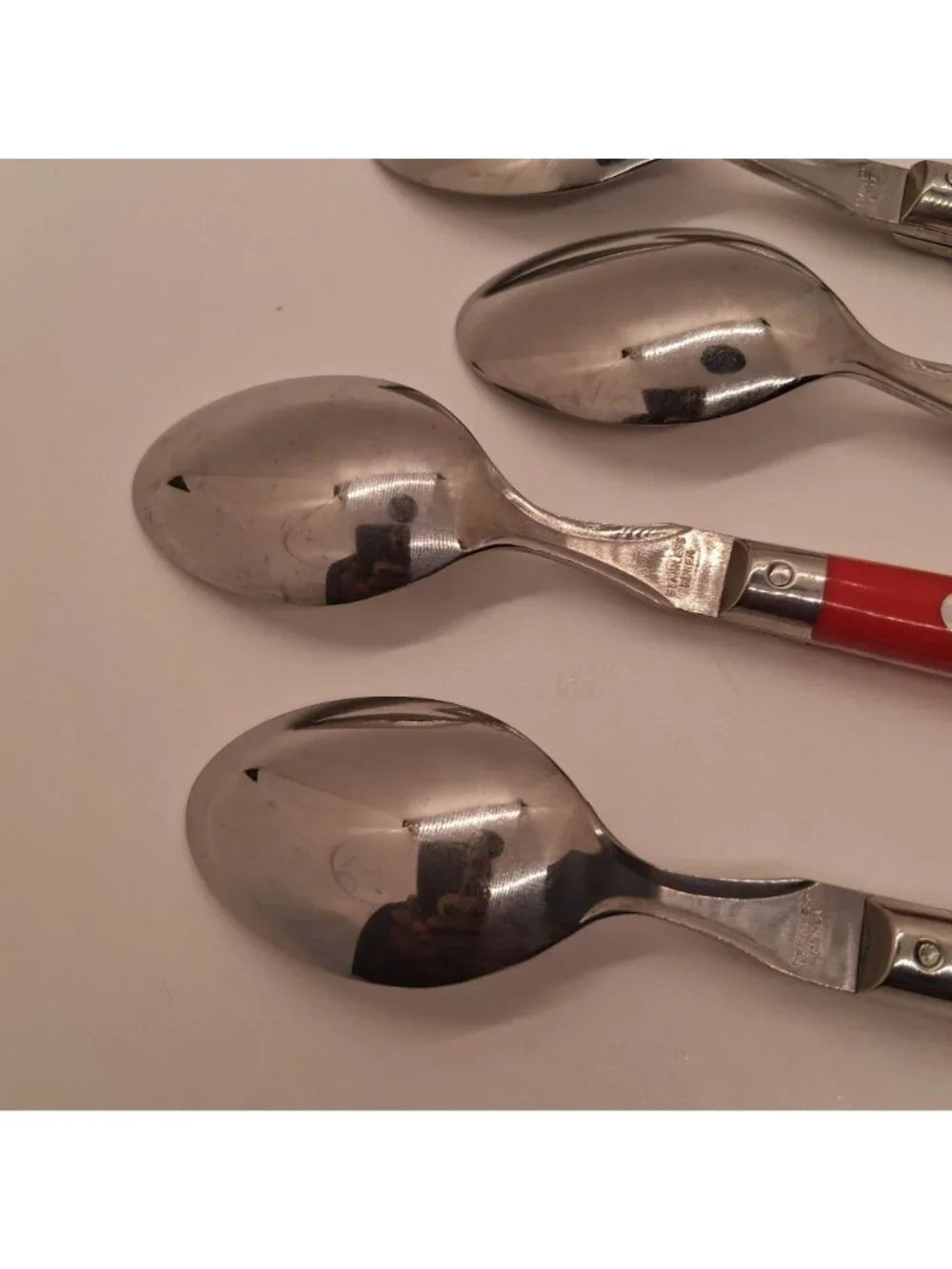 Set Of 5 Vintage Tea Spoons Red Handled Stainless Steel Made In Korea